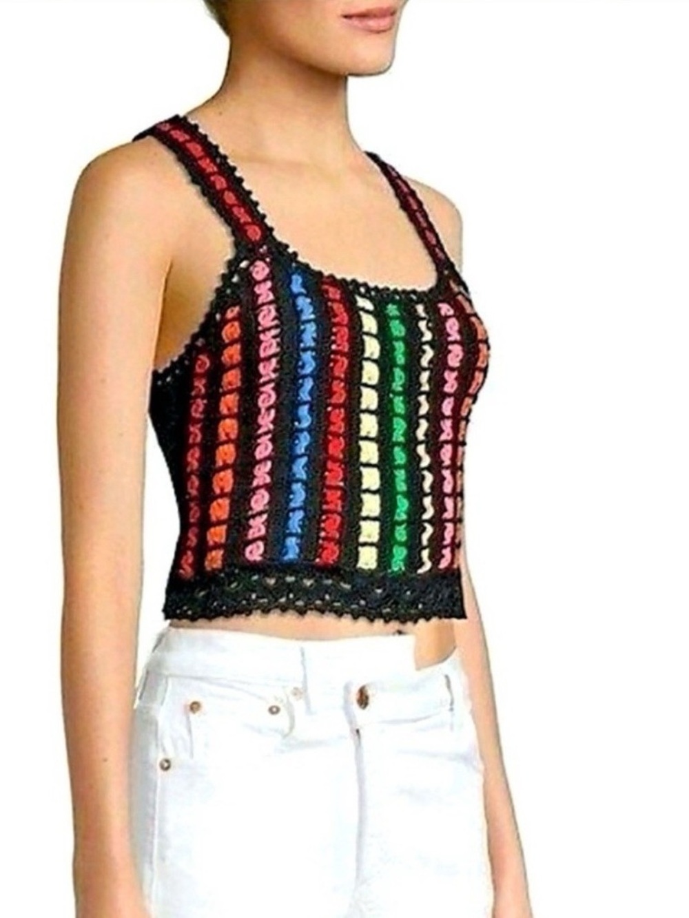 Alice + Olivia Lorri Crochet Tank Top Black / Multi Size S - Picture 2 of 15